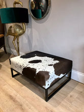 Load image into Gallery viewer, Black / Brown & White Speckled Cowhide Ottoman / Footstool