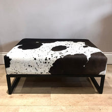 Load image into Gallery viewer, Black / Brown & White Speckled Cowhide Ottoman / Footstool