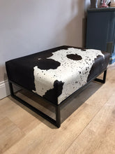 Load image into Gallery viewer, Black / Brown & White Speckled Cowhide Ottoman / Footstool