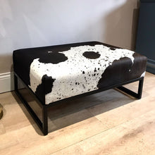 Load image into Gallery viewer, Black / Brown & White Speckled Cowhide Ottoman / Footstool
