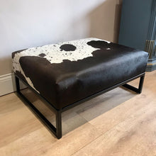 Load image into Gallery viewer, Black / Brown & White Speckled Cowhide Ottoman / Footstool