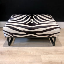 Load image into Gallery viewer, Large Zebra Print Cowhide Ottoman / Footstool on Steel Frame AVAILABLE TO ORDER!!!