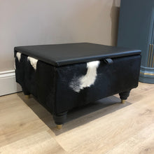 Load image into Gallery viewer, Leather & Cowhide Storage Ottoman / Coffee Table in Black & White