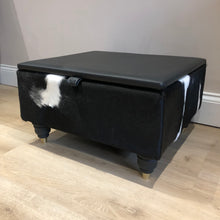 Load image into Gallery viewer, Leather & Cowhide Storage Ottoman / Coffee Table in Black & White