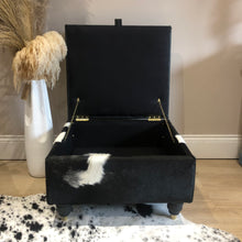 Load image into Gallery viewer, Leather & Cowhide Storage Ottoman / Coffee Table in Black & White