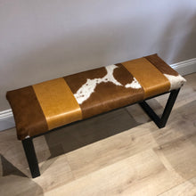 Load image into Gallery viewer, Tan Leather & Cowhide Bench
