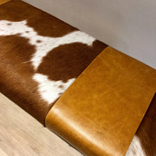 Load image into Gallery viewer, Tan Leather & Cowhide Bench