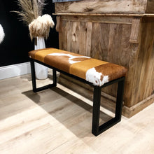 Load image into Gallery viewer, Tan Leather & Cowhide Bench