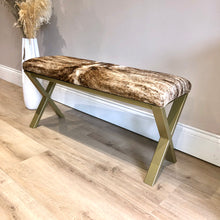 Load image into Gallery viewer, Bespoke Brindle Cow Hide & Gold Frame Two Person Bench