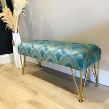 Load image into Gallery viewer, Bespoke Teal / Duck Egg & Gold Fan Fabric Bench : Available to order