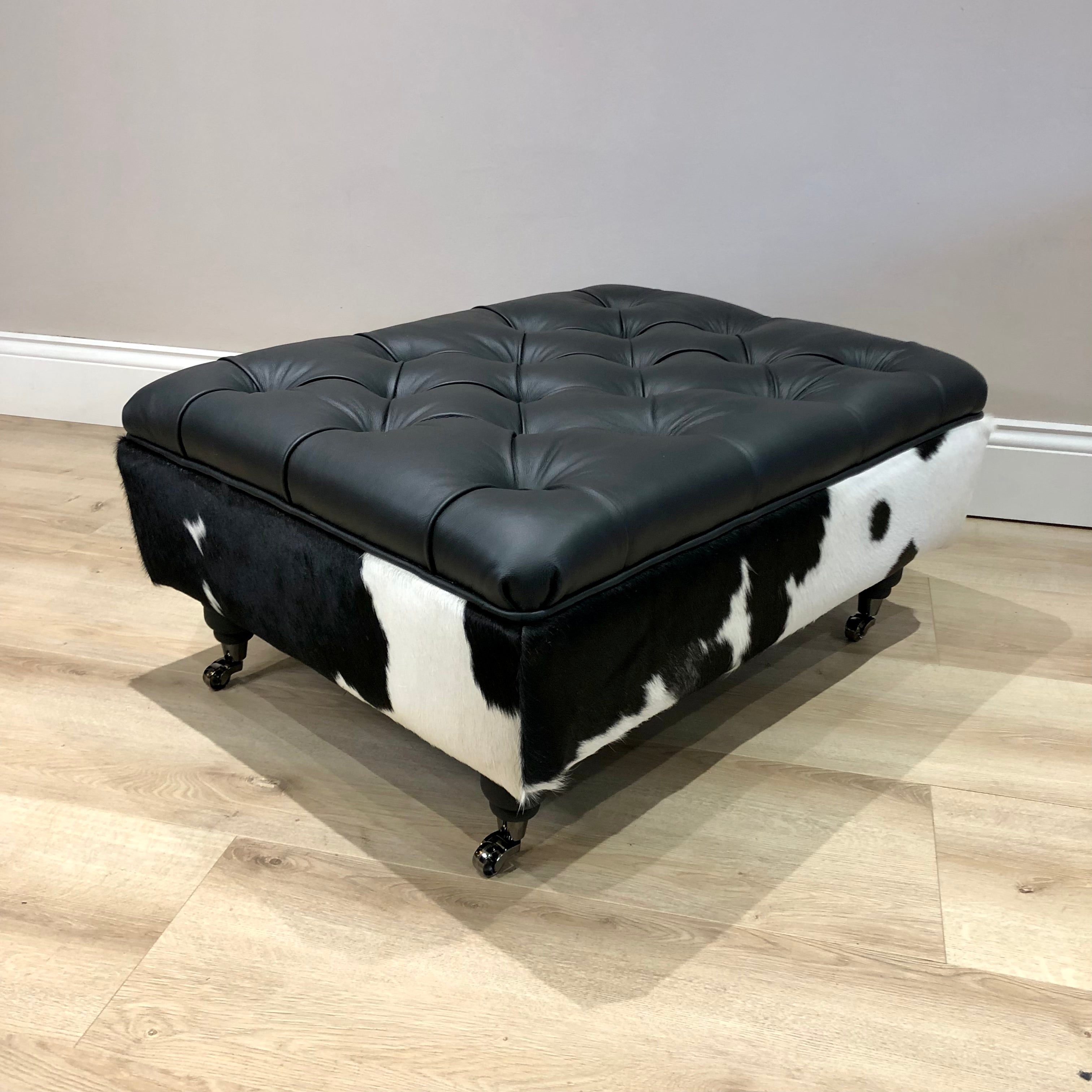 Bespoke Tufted Italian Leather Cowhide Ottoman Footstool