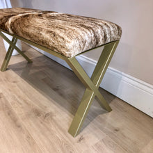 Load image into Gallery viewer, Bespoke Brindle Cow Hide & Gold Frame Two Person Bench