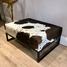 Load image into Gallery viewer, Black / Brown &amp; White Speckled Cowhide Ottoman / Footstool

