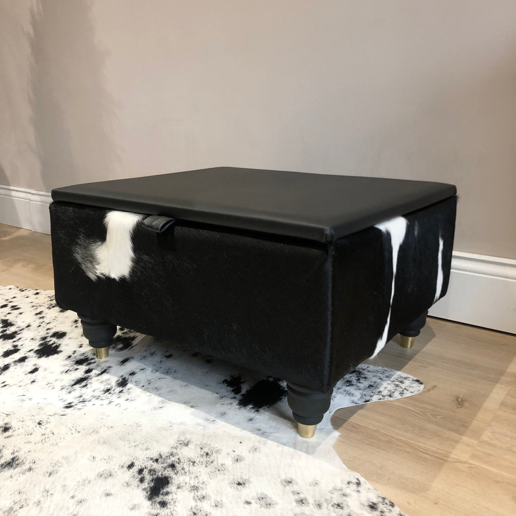 Leather Cowhide Storage Ottoman Coffee Table in Black White