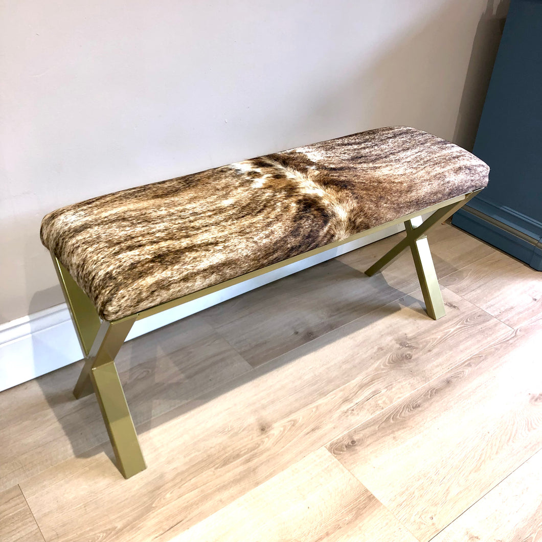 Bespoke Brindle Cow Hide & Gold Frame Two Person Bench